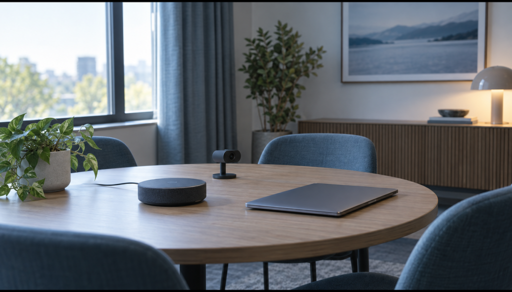 Kleiner Besprechungsraum mit rundem Tisch, Konferenzlautsprecher, Webcam und zugeklapptem Laptop, Symbolbild für selbst gehostete Videokonferenzen