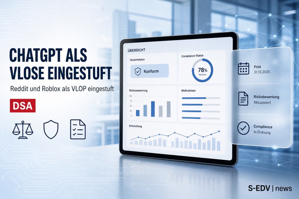 Illustration zur EU-Einstufung von ChatGPT als sehr große Online-Suchmaschine (VLOSE) sowie Reddit und Roblox als sehr große Online-Plattformen (VLOP) nach dem Digital Services Act, mit Compliance-Dashboard und DSA-Badge