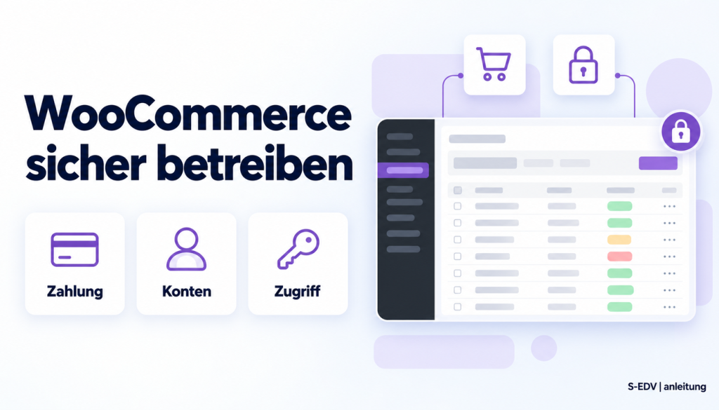 Grafik mit der Überschrift WooCommerce sicher betreiben und einem stilisierten WordPress-Adminbereich mit Bestellübersicht und Schlosssymbol