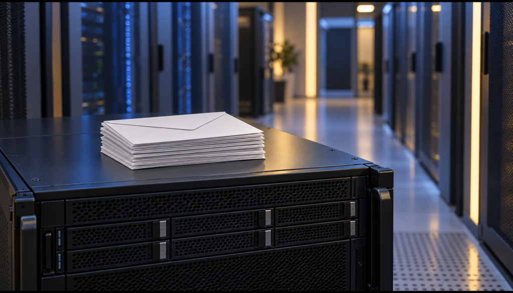 Schwarzer Rackserver im Rechenzentrum, auf dem ein Stapel unbeschrifteter weißer Briefumschläge liegt