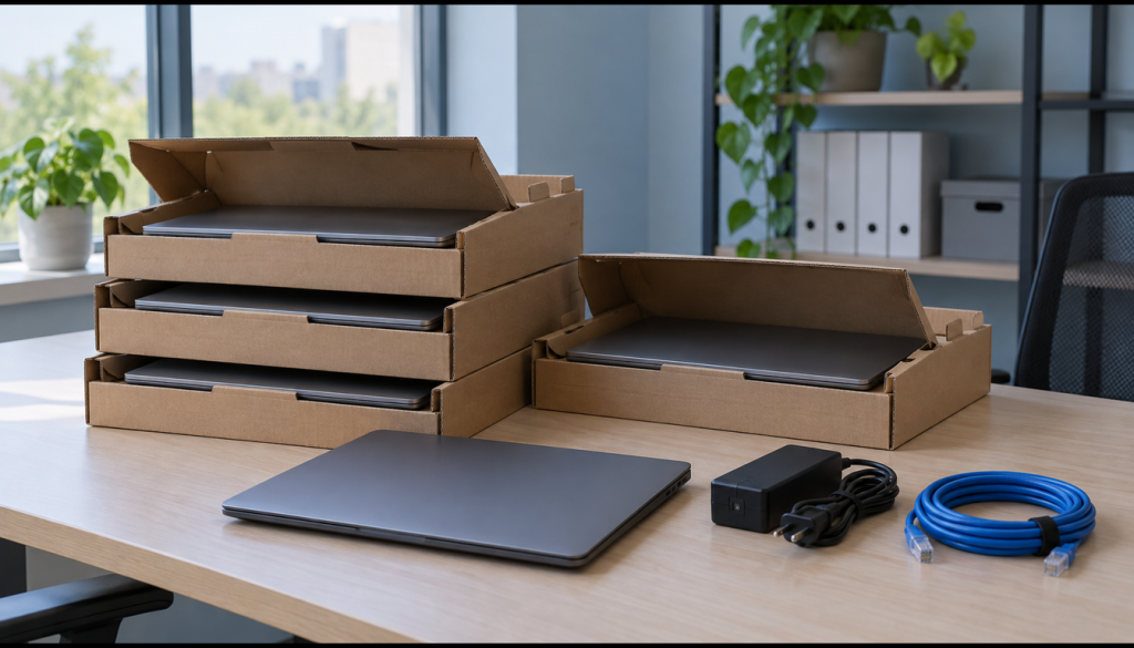 Mehrere neue Laptops in Versandkartons auf einem Büroschreibtisch, daneben Netzteil und Netzwerkkabel für die Einrichtung