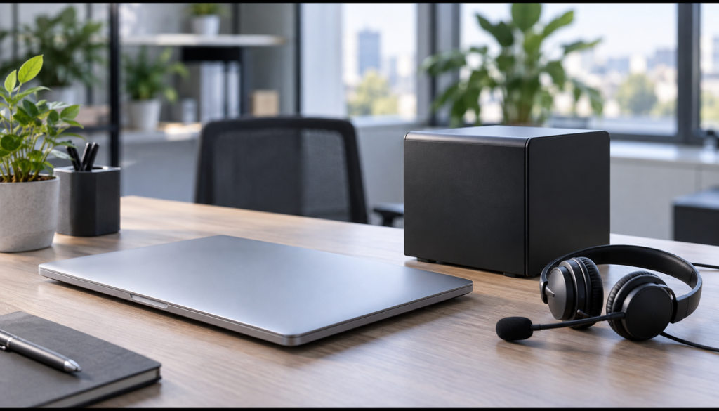 Aufgeräumter Schreibtisch mit zugeklapptem Laptop, schlichtem Netzwerkspeicher und Headset als Sinnbild für Fernwartung