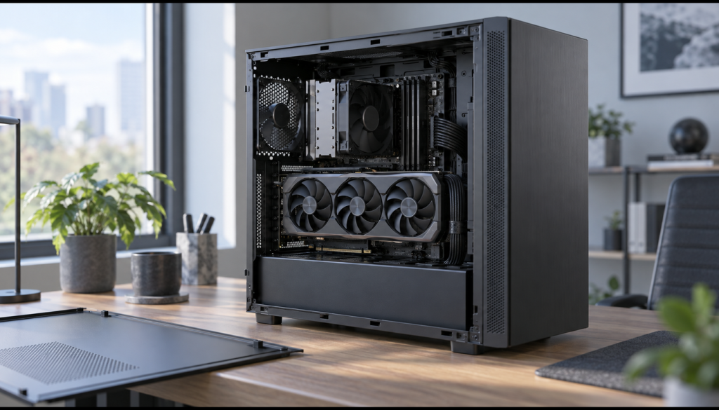 Geöffneter PC-Tower mit großer Grafikkarte auf einem Holzschreibtisch im Büro, Symbolbild für lokale KI-Modelle auf eigener GPU