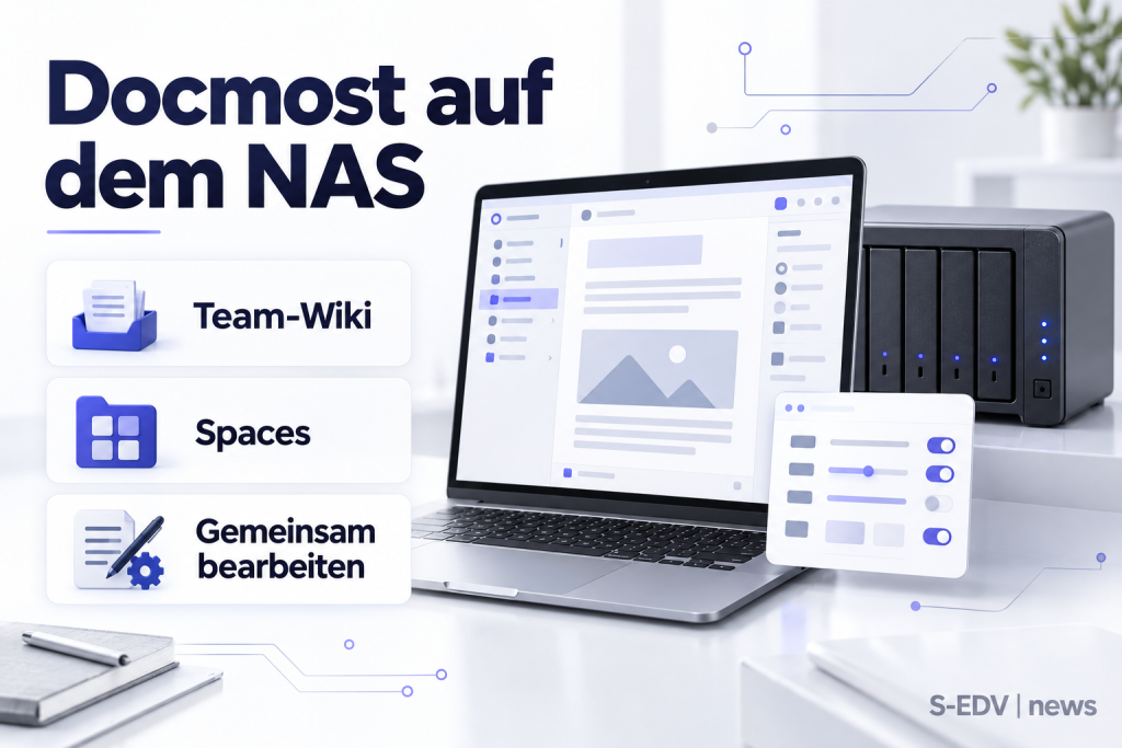 Docmost auf dem NAS: Team-Wiki, Spaces, Gemeinsam bearbeiten. Illustration mit Laptop und Administrationsoberfläche.