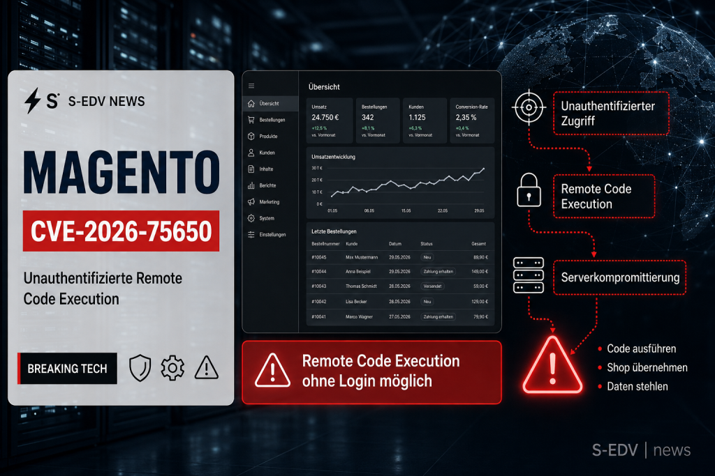 Grafik zur kritischen Magento-Sicherheitslücke CVE-2026-75650 (StyleSmuggler): Angriffspfad von unauthentifiziertem Zugriff über Remote Code Execution bis zur Serverkompromittierung, mit Admin-Dashboard-Mockup und Warnhinweisen