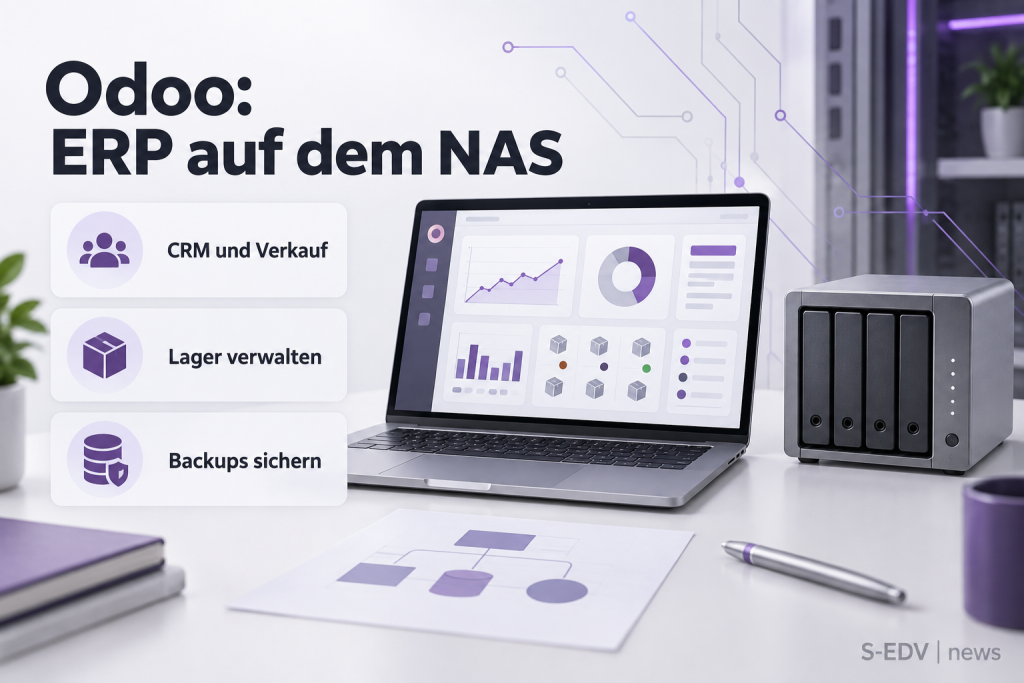 Odoo: ERP auf dem NAS. CRM und Verkauf, Lager verwalten, Backups sichern. Illustration mit Laptop und NAS.