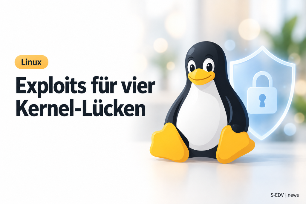 Illustration zu öffentlich verfügbaren Exploits für vier Linux-Kernel-Lücken mit Tux-Maskottchen und Schutzschild