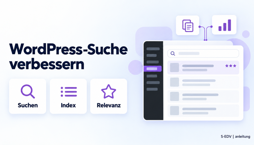 Grafik mit der Überschrift WordPress-Suche verbessern und einem stilisierten WordPress-Adminbereich mit Suchfeld und Trefferliste