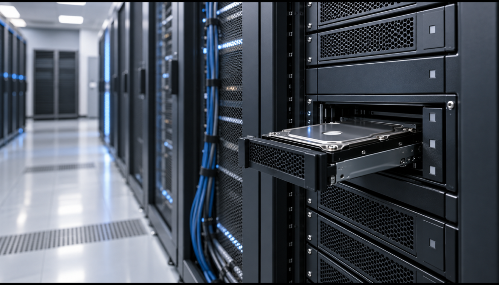 Serverraum mit Racks, aus einem Laufwerksschacht ist eine Festplatte halb herausgezogen