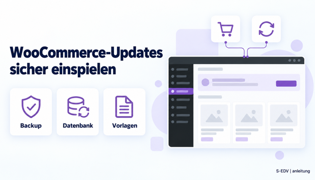 Grafik mit der Überschrift WooCommerce-Updates sicher einspielen und einem stilisierten WordPress-Adminbereich mit Update-Hinweis