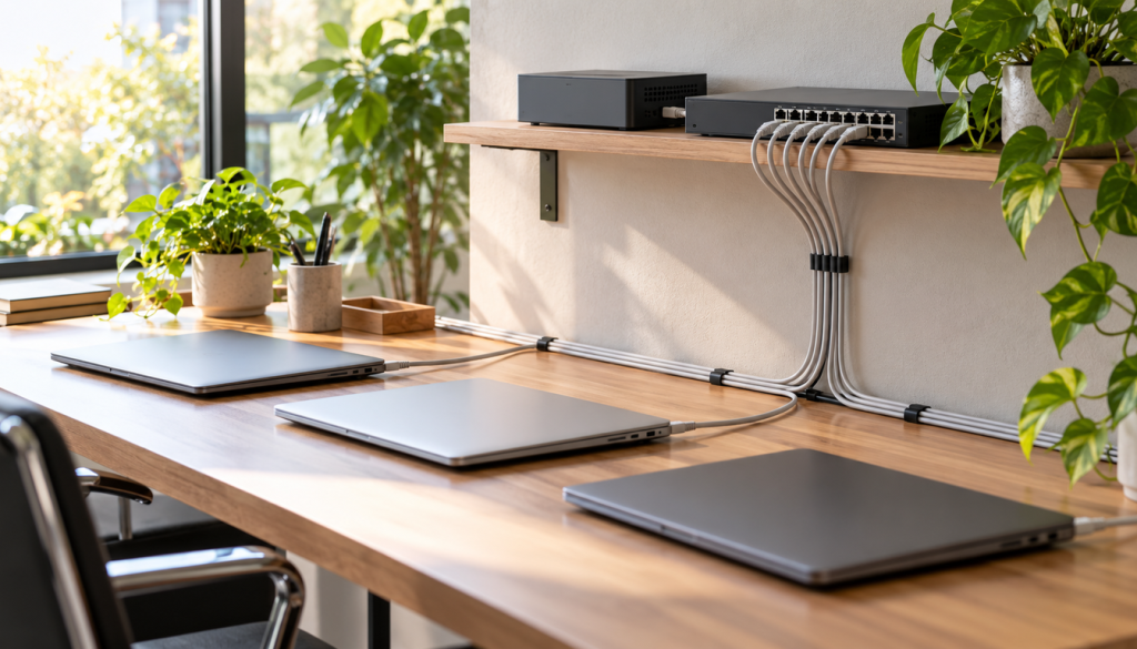 Büroarbeitsplatz mit Netzwerk-Switch und kleiner Appliance auf einem Wandregal, drei zugeklappte Notebooks auf dem Schreibtisch, ordentlich verlegte Kabel und Pflanzen