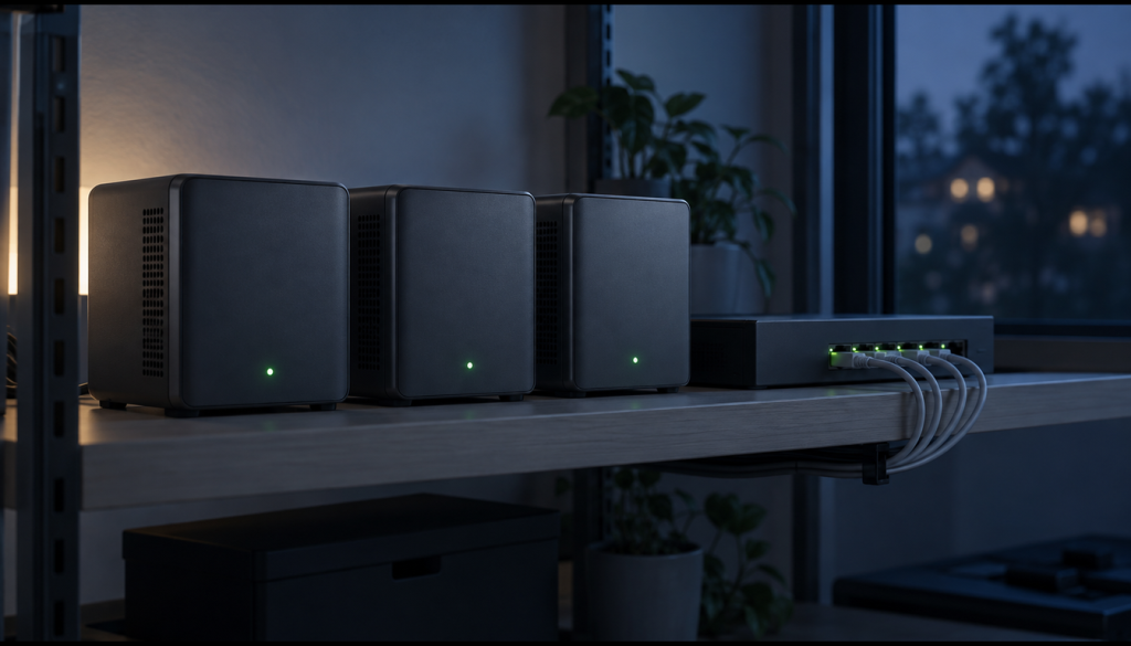Drei kleine Server mit grünen Status-LEDs und ein Netzwerk-Switch auf einem Regal im Homelab