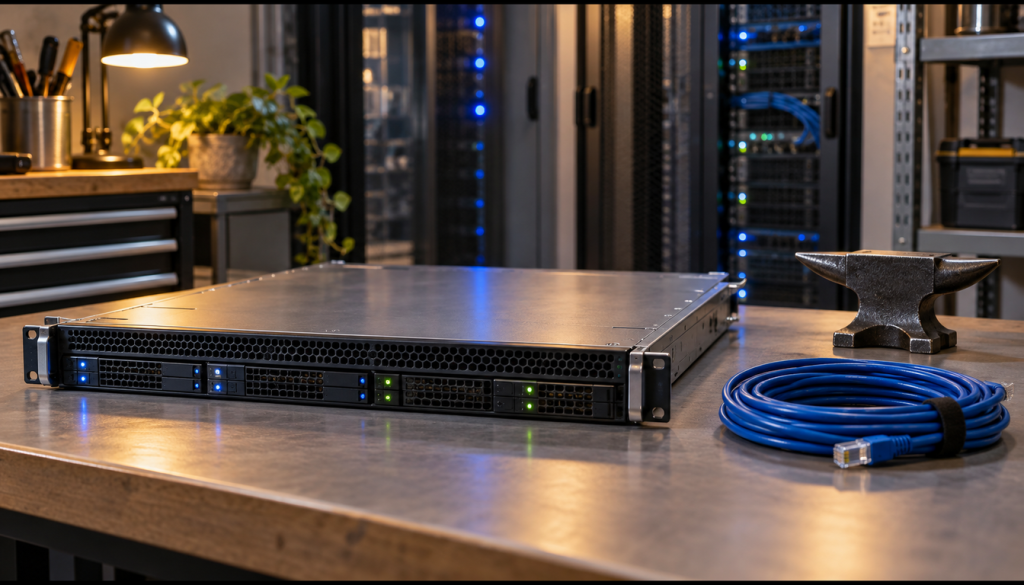 Kompakter Rack-Server und kleiner Amboss auf einer Werkbank vor Serverschränken mit blauen Status-LEDs