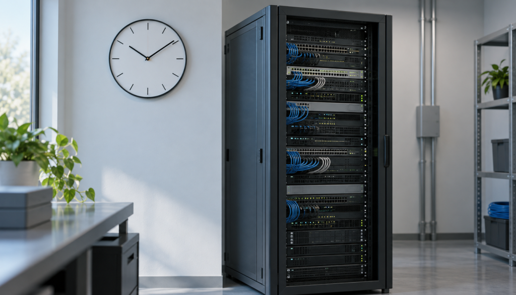 Wanduhr ohne Ziffern über einem Server-Rack in einem hellen Serverraum