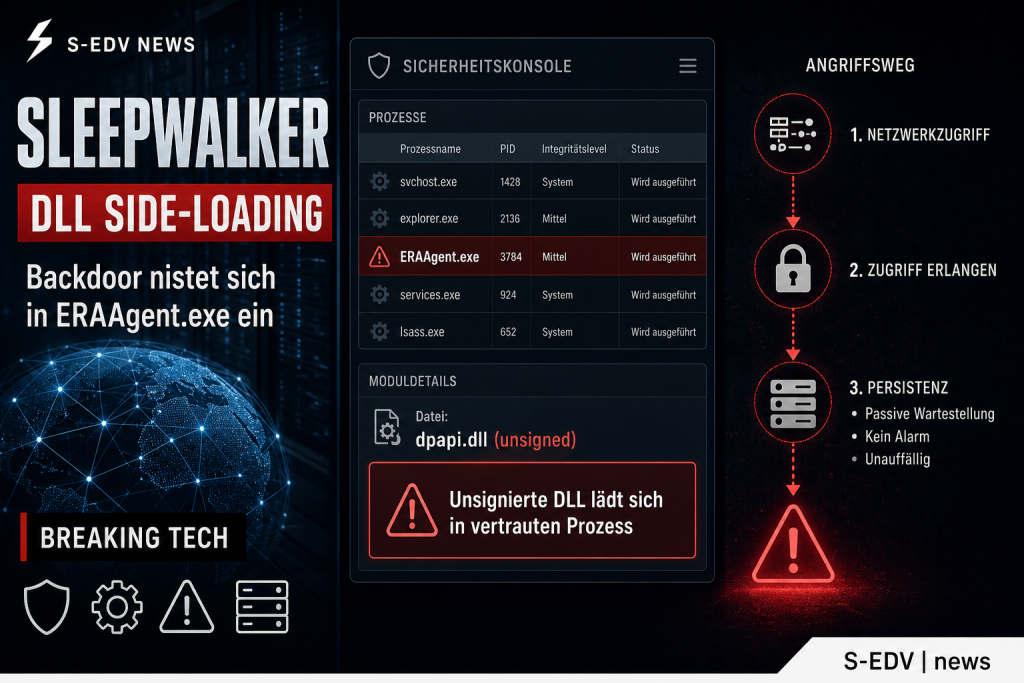 Illustration zu SLEEPWALKER: Backdoor laedt sich per DLL Side-Loading unsigniert in den ESET Management Agent ERAAgent.exe und wartet passiv auf ein praepariertes Netzwerkpaket