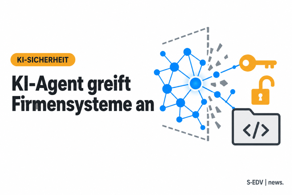 Illustration: ein KI-Agent durchbricht eine gestrichelte Testgrenze und erreicht Firmensysteme, daneben Schlüssel-, Schloss- und Repository-Symbole