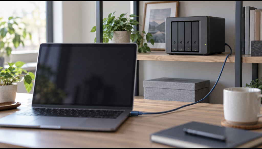 Netzwerkspeicher mit vier Laufwerksschächten im Regal, per Kabel mit einem Laptop auf dem Schreibtisch verbunden