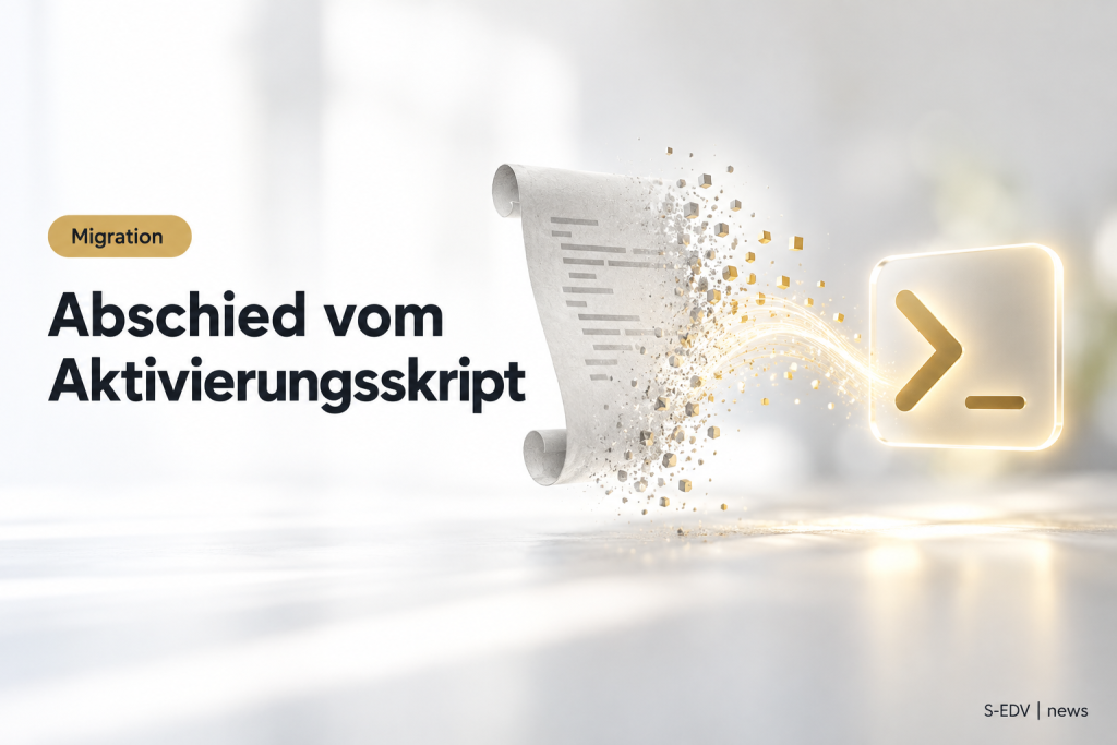 Abstrakte Darstellung der Ablösung eines alten Skripts durch ein modernes PowerShell-Modul zur Windows-Aktivierung