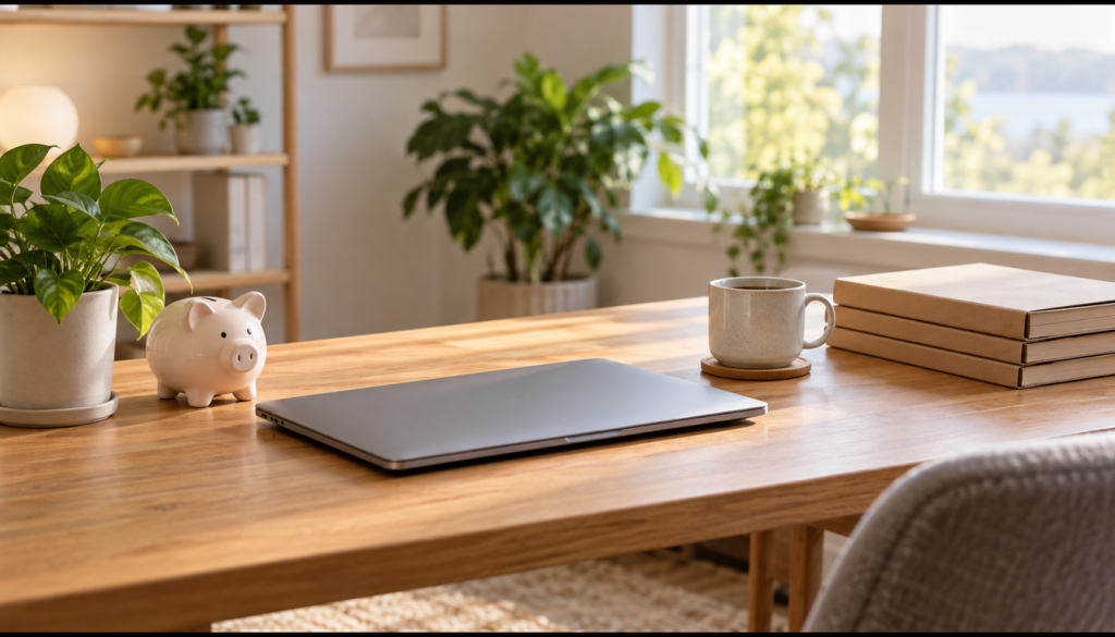 Aufgeräumter Schreibtisch im Homeoffice mit Laptop, Sparschwein und Kaffeetasse als Symbol für private Finanzverwaltung