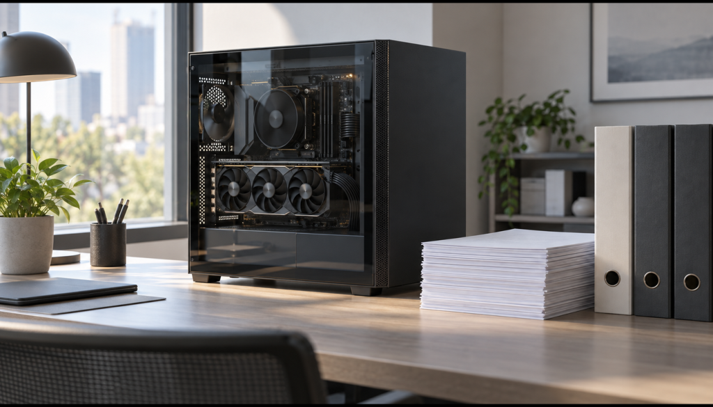 Kompakter PC mit Glasseitenteil auf einem Schreibtisch in einem hellen Arbeitszimmer, daneben Ordner und Papierstapel