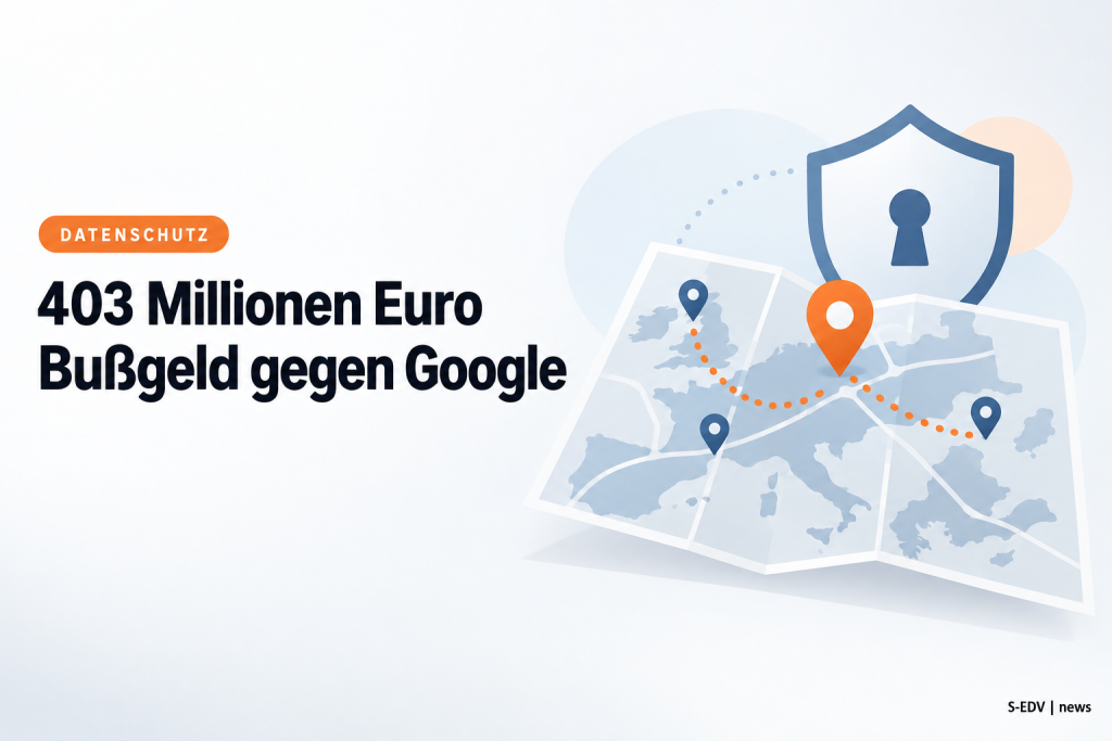 Illustration mit der Schlagzeile 403 Millionen Euro Bußgeld gegen Google und einer stilisierten Karte mit Standortmarkierungen