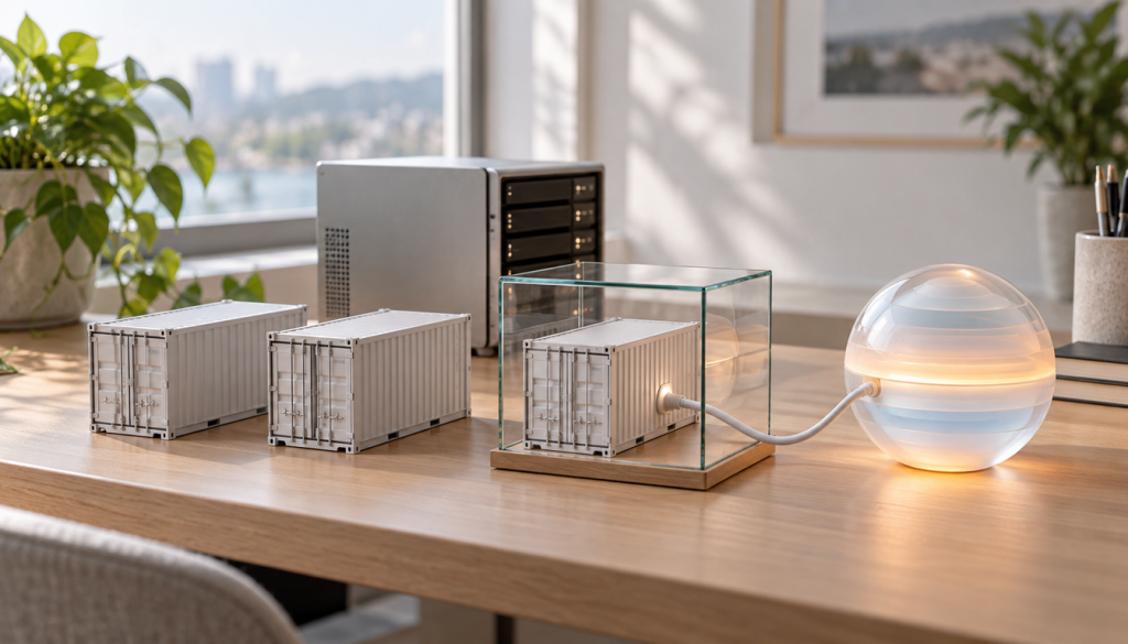 Drei Miniatur-Container auf einem Schreibtisch, einer unter einer Glashaube per Kabel mit einer leuchtenden Kugel verbunden, dahinter ein kleiner Server
