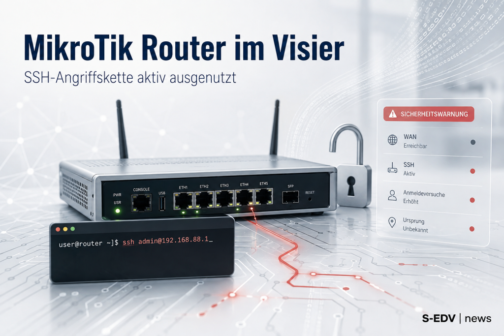 Illustration eines MikroTik-Routers mit offenem Schloss-Symbol und rot markiertem Angriffspfad, symbolisiert die aktiv ausgenutzte SSH-Angriffskette MikroTrick gegen RouterOS