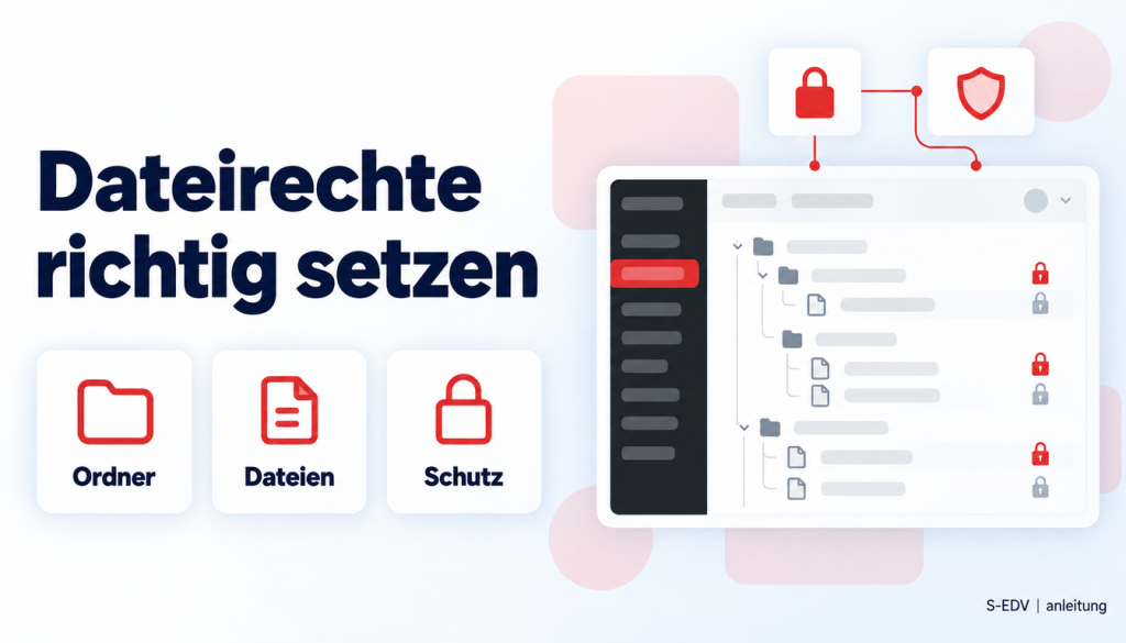 Grafik mit der Überschrift Dateirechte richtig setzen, drei Karten Ordner, Dateien, Schutz und einem stilisierten WordPress-Adminbereich