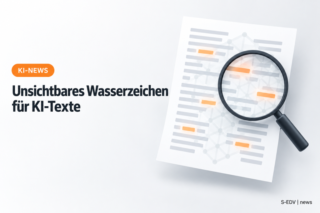 Illustration: Textseite mit unsichtbarem Wasserzeichen-Muster unter einer Lupe, daneben die Überschrift Unsichtbares Wasserzeichen für KI-Texte