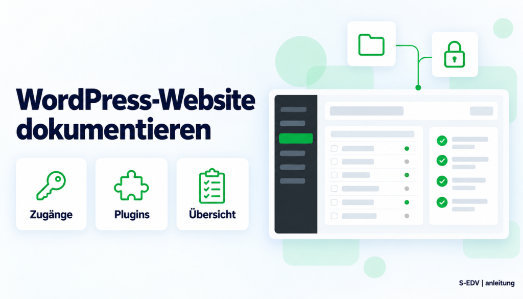 Grafik mit der Überschrift WordPress-Website dokumentieren und einem stilisierten WordPress-Adminbereich mit Plugin-Liste und Checkliste