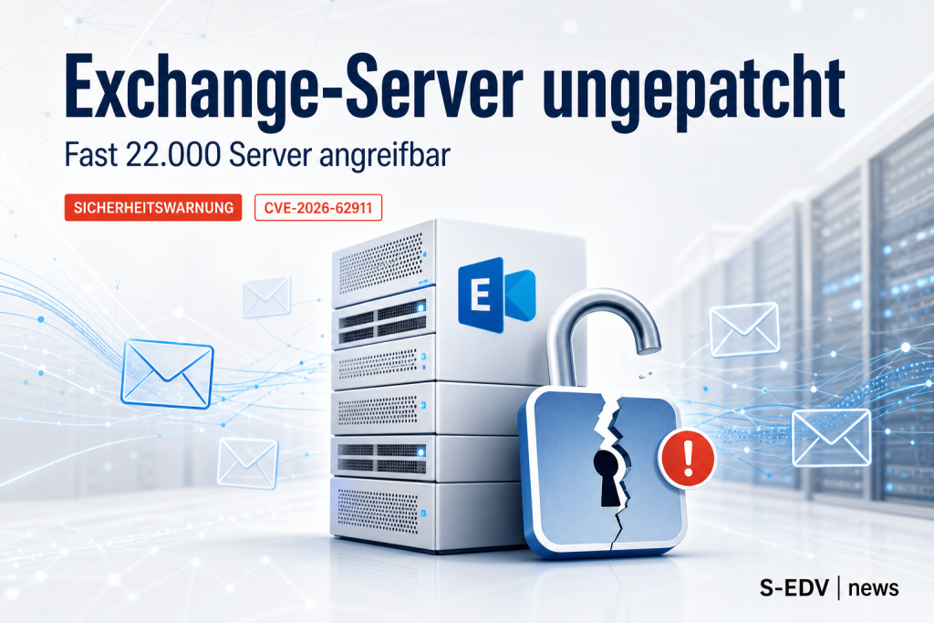 Illustration zu CVE-2026-62911: helles Editorial-Titelbild zeigt Exchange-Server-Rack mit aufgebrochenem Schloss als Symbol fuer den Authentication Bypass, Warnbadge und E-Mail-Icons, Headline Exchange-Server ungepatcht