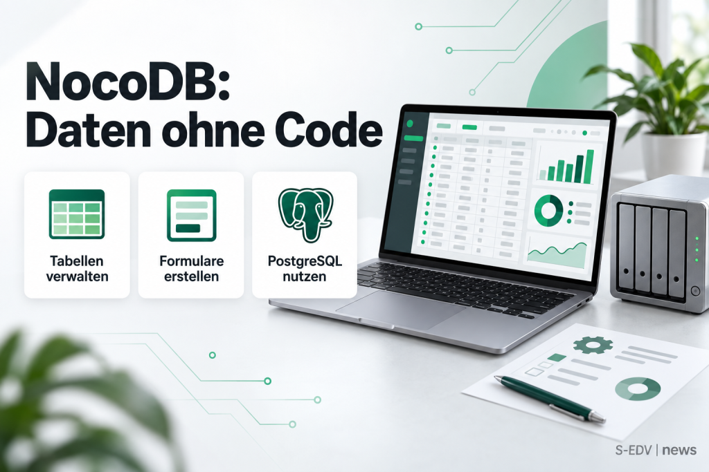 NocoDB: Daten ohne Code. Tabellen verwalten, Formulare erstellen, PostgreSQL nutzen. Illustration mit Laptop und NAS.