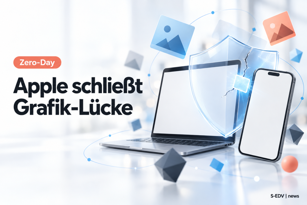 Redaktionelles Titelbild mit der Überschrift Apple schließt Grafik-Lücke, stilisiertem Smartphone, Laptop und einem geflickten Schutzschild
