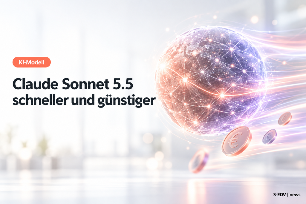 Hero-Grafik mit der Überschrift Claude Sonnet 5.5 schneller und günstiger neben einer abstrakten Netzwerk-Sphäre