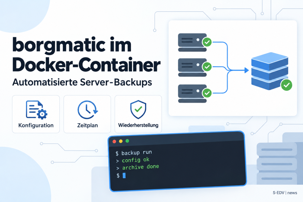 Illustration zur Anleitung borgmatic im Docker-Container mit Feature-Karten für Konfiguration, Zeitplan und Wiederherstellung sowie einem Architektur-Schaubild