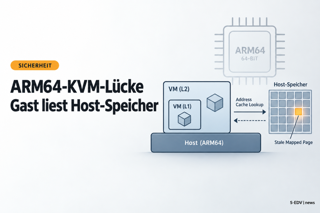 Grafik zur Linux-Kernel-Lücke CVE-2026-89775: verschachtelte virtuelle Maschinen auf einem ARM64-Host und eine markierte Speicherseite, die dem Gast eingeblendet bleibt.