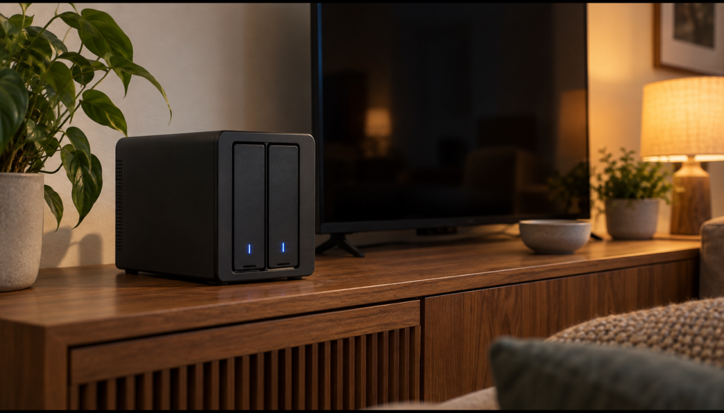 Schwarzes NAS mit zwei Laufwerksschächten auf einem Holz-Sideboard im Wohnzimmer, im Hintergrund ein ausgeschalteter Fernseher