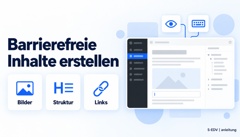 Grafik mit der Überschrift Barrierefreie Inhalte erstellen, drei Karten Bilder, Struktur, Links und einem stilisierten Block-Editor mit Bild und Gliederung