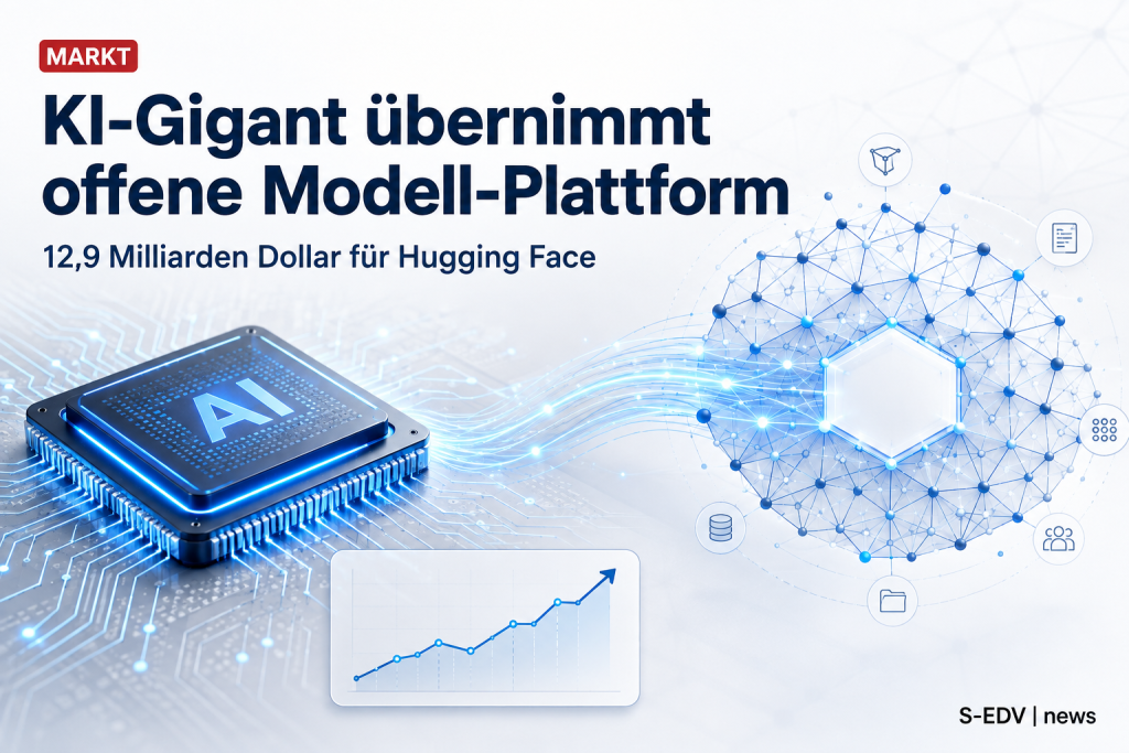 Illustration zur geplanten Uebernahme von Hugging Face durch Nvidia: ein KI-Chip verbunden mit einem offenen Modell-Plattform-Netzwerk, Headline KI-Gigant uebernimmt offene Modell-Plattform