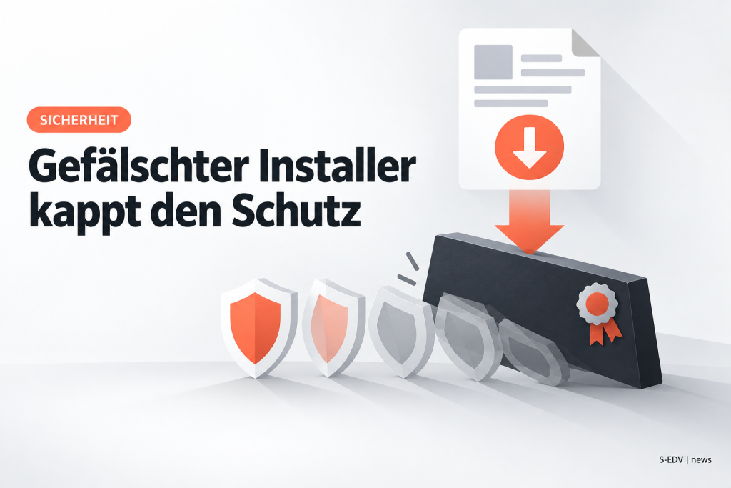 Editoriale Illustration: ein Download-Pfeil mündet in einen dunklen Block, der eine Reihe von Schutzschilden zur Seite drückt