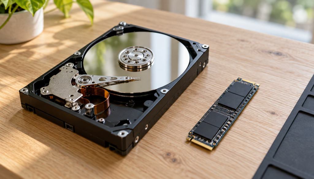 Geöffnete 3,5-Zoll-Festplatte mit sichtbarer Magnetscheibe neben einer M.2-SSD auf einer hellen Holzarbeitsplatte