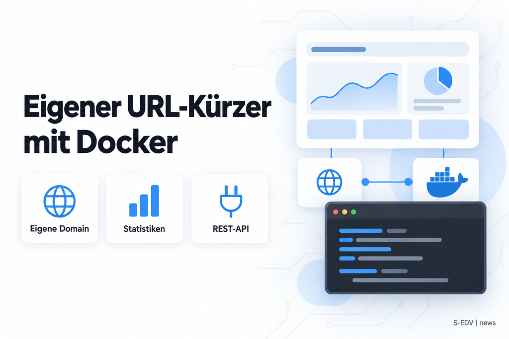 Helle Illustration mit der Überschrift Eigener URL-Kürzer mit Docker, drei Karten für Eigene Domain, Statistiken und REST-API sowie einem abstrakten Dashboard und Terminalfenster