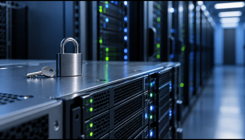 Serverraum mit Virtualisierungshosts, auf einem Servergehäuse liegen ein Vorhängeschloss und ein Schlüssel als Symbol für Secure Boot