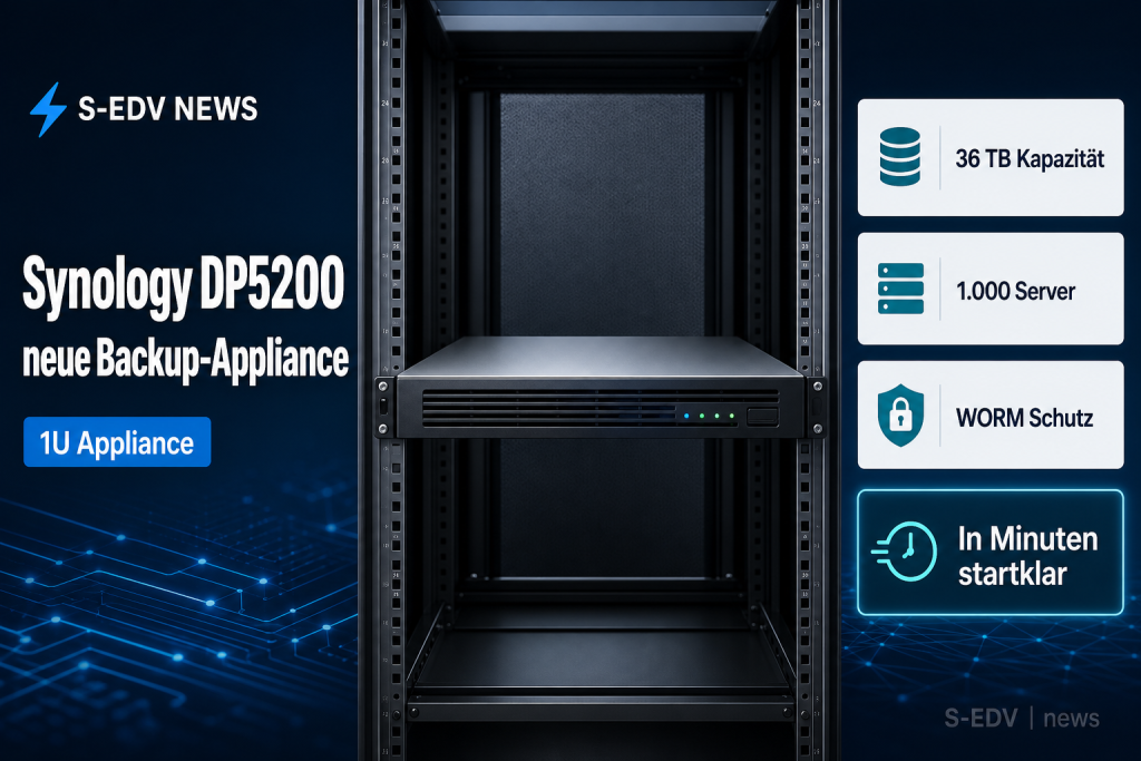 Synology DP5200 neue Backup-Appliance, 1U, 36 TB Kapazitaet, 1000 Server, WORM Schutz, in Minuten startklar