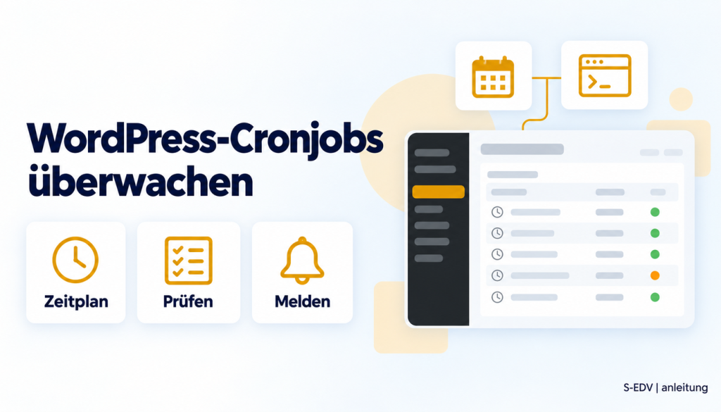 Grafik mit der Überschrift WordPress-Cronjobs überwachen, drei Karten Zeitplan, Prüfen, Melden und einem stilisierten WordPress-Adminbereich