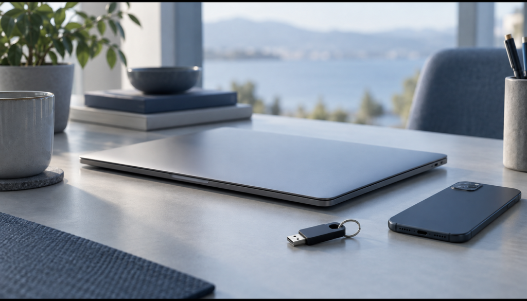Zugeklappter Laptop mit Smartphone und USB-Sicherheitsschlüssel an einem Schlüsselring auf einem Büroschreibtisch, Symbolbild für Multi-Faktor-Authentifizierung