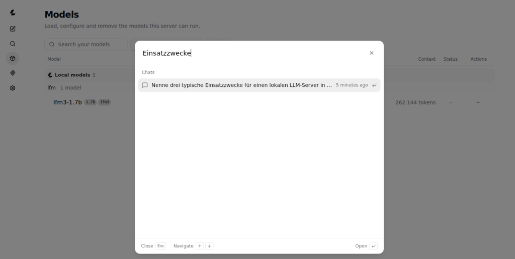Suchdialog der Web-UI mit dem Suchbegriff Einsatzzwecke und einem gefundenen Chat