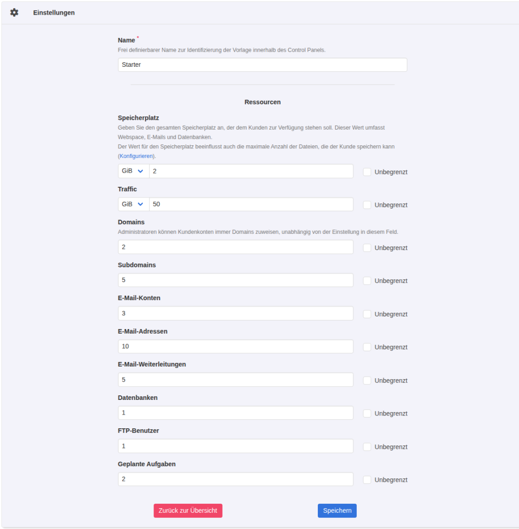 KeyHelp-Formular Konto-Vorlage hinzufügen mit Name Starter, 2 GiB Speicherplatz, 50 GiB Traffic und weiteren Ressourcen
