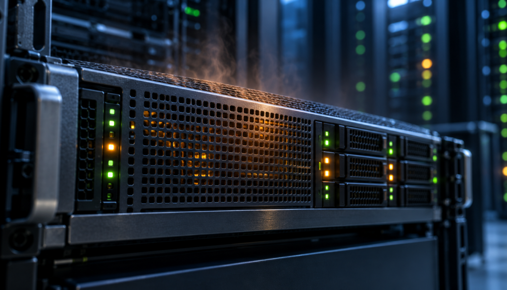 Nahaufnahme eines Rackservers mit grünen und orangen Statusleuchten, aufsteigender Wärme und Serverreihen im Hintergrund