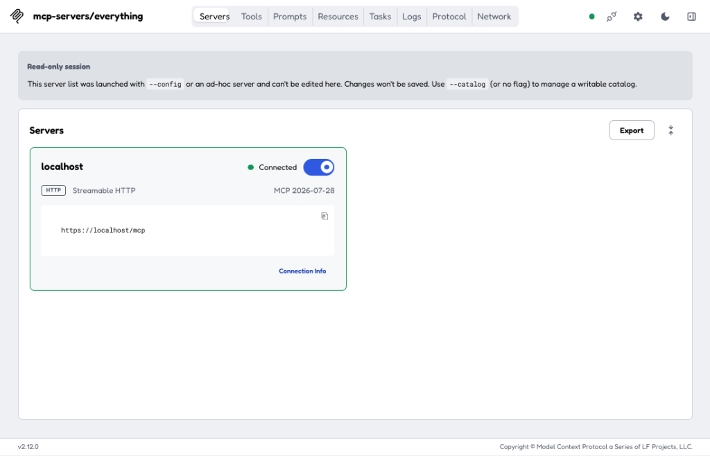 MCP Inspector 2.12.0: Server localhost über Streamable HTTP verbunden, Protokollrevision MCP 2026-07-28